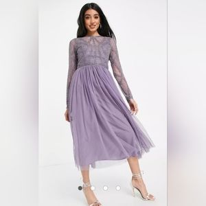 NWT ASOS DESIGN lavender embellished bodice midi dress with tulle skirt